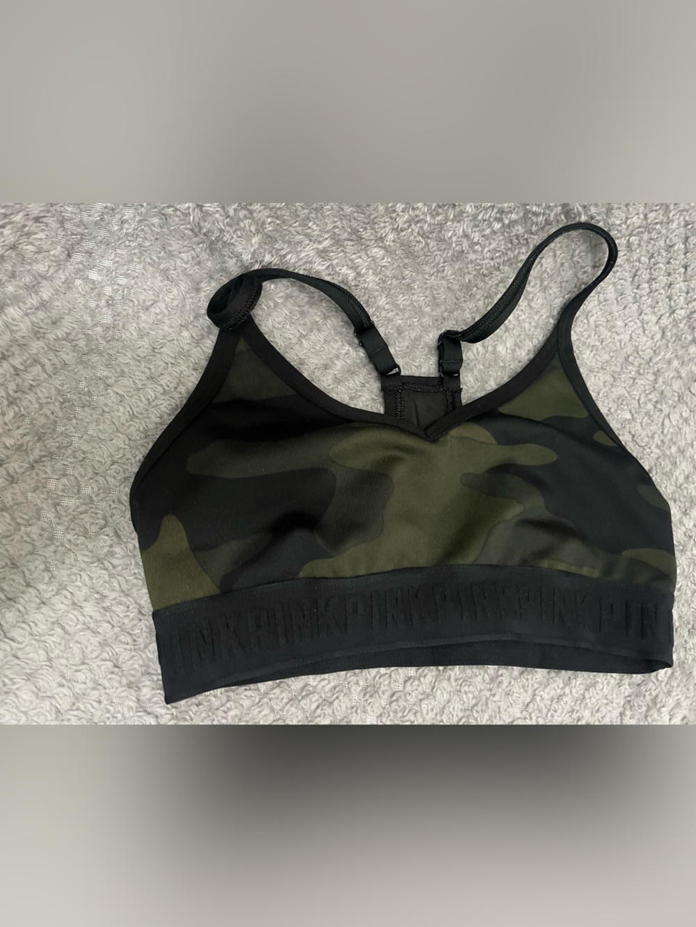 PINK Victoria's Secret Black with Olive Camo Elastic-Band Sports Bra